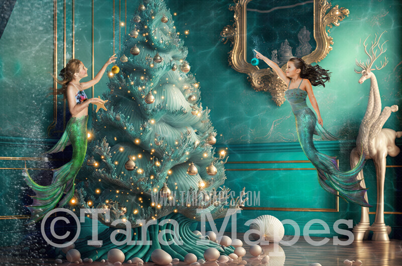 Christmas Digital Backdrop - Christmas Tree Under Water -  Mermaid Christmas Tree with Lights in Underwater Teal Vintage -  Christmas Mermaid Tree Digital Background