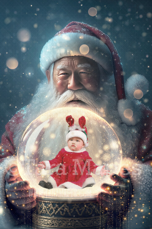 Asian Santa Holding Snow Globe - LAYERED PSD! Snowglobe Santa - Snow Globe Santa Holiday Christmas Digital Background / Backdrop