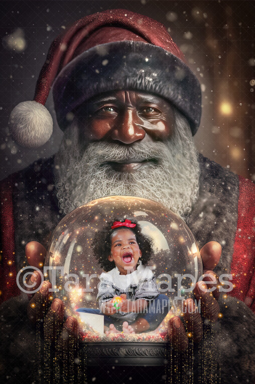 Black Santa Holding Snow Globe - LAYERED PSD! Snowglobe Santa - Snow Globe Santa Holiday Christmas Digital Background / Backdrop