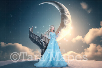 Winter Digital Backdrop - Frozen Ladder to the Moon Digital Background - Winter Moon Ladder Digital Background