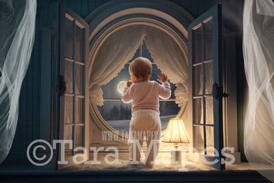 Winter Window Digital Backdrop - Christmas Window Scene with Starry Night and Moon - Christmas Digital Background