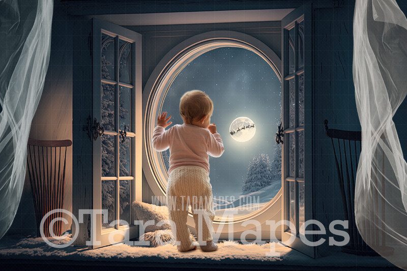 Winter Window Digital Backdrop - Christmas Window Scene with Starry Night and Moon - Christmas Digital Background