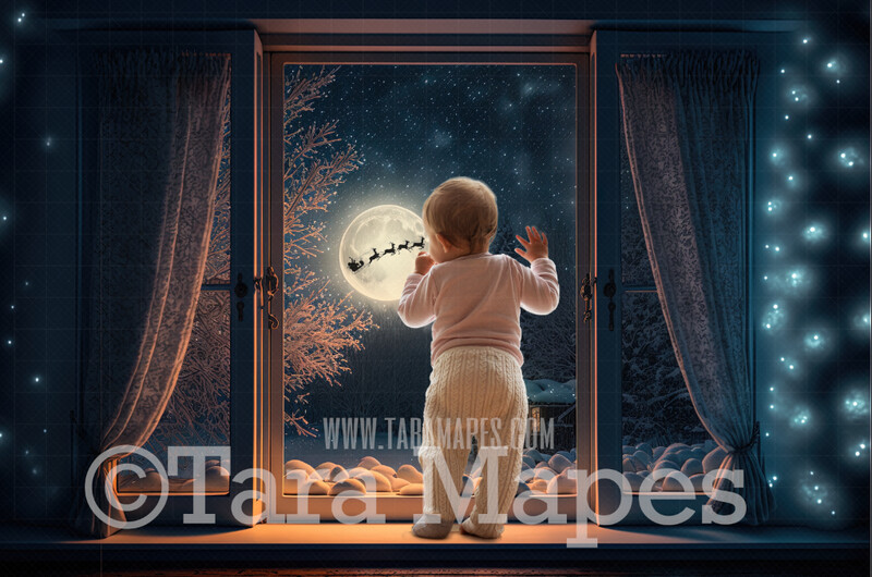 Christmas Window Digital Backdrop - Christmas Window Scene with Santa in Moon - Christmas Digital Background