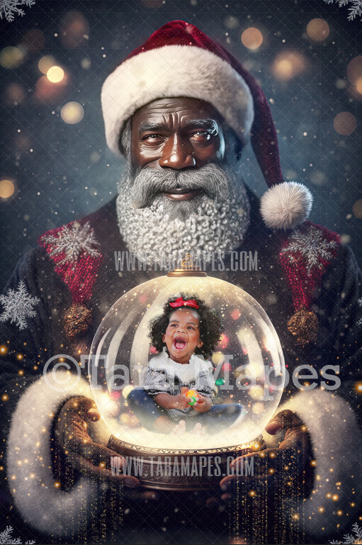Black Santa Holding Snow Globe - LAYERED PSD! Snowglobe Santa - Snow Globe Santa Holiday Christmas Digital Background / Backdrop