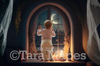 Christmas Window Digital Backdrop - Christmas Window Scene with Santa in Moon - Christmas Digital Background