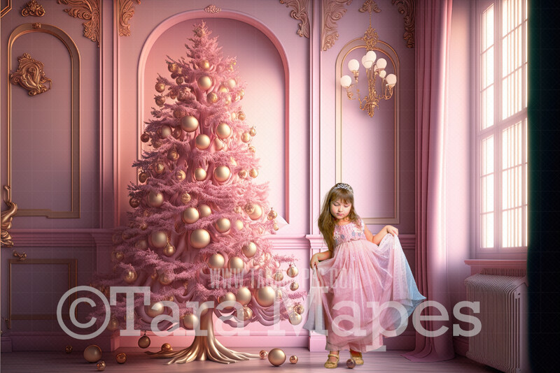 Sugar Pink Christmas Tree Digital Backdrop - Pink and Gold Christmas Digital Background - Vintage Christmas Room - Pastel Pink Christmas Digital Background