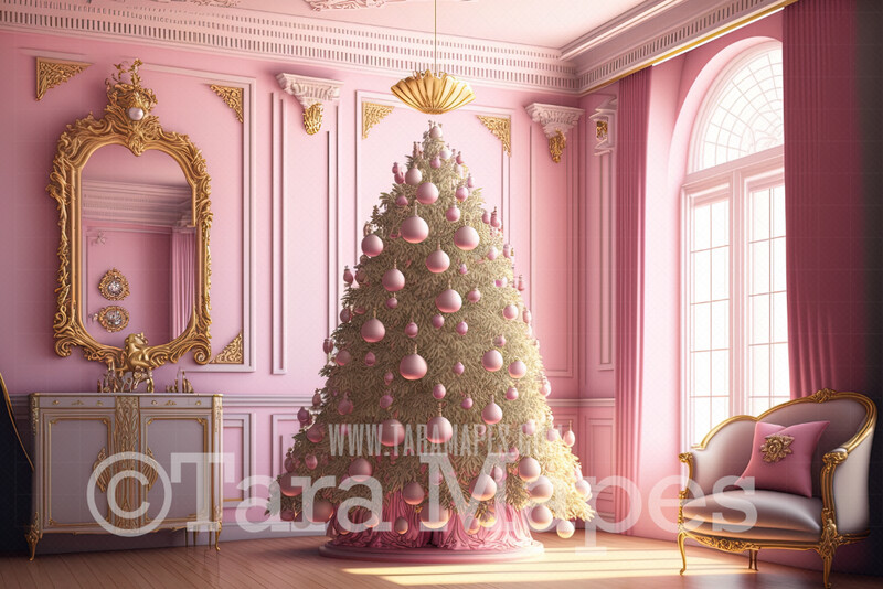 Sugar Plum Christmas Tree Digital Backdrop - Pink and Gold Christmas Digital Background - Pastel Purple Christmas Digital Background