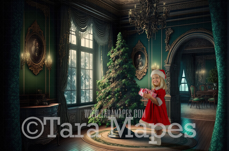 Green Vintage Room with Christmas Tree Digital Backdrop - Green and Gold Nostalgic Christmas Digital Background