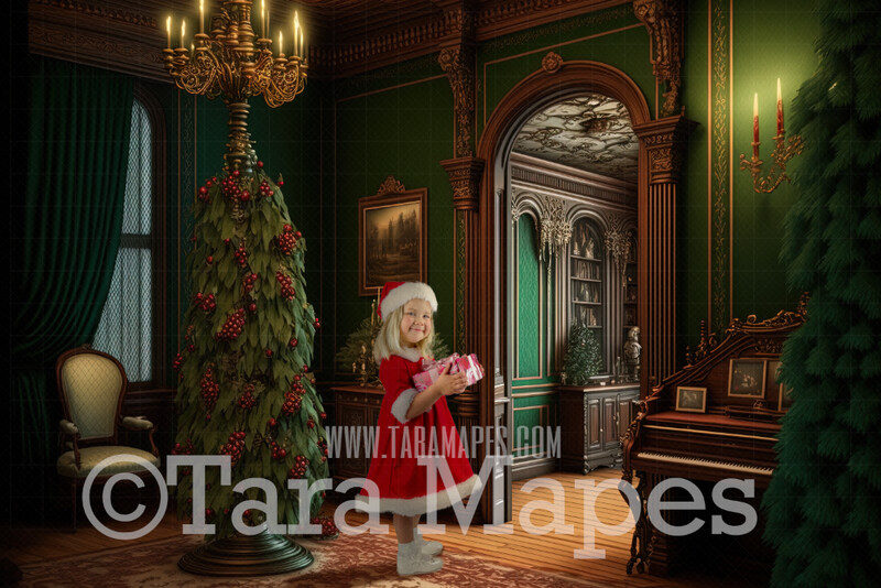 Green Vintage Room with Christmas Tree Digital Backdrop - Green and Gold Nostalgic Christmas Digital Background