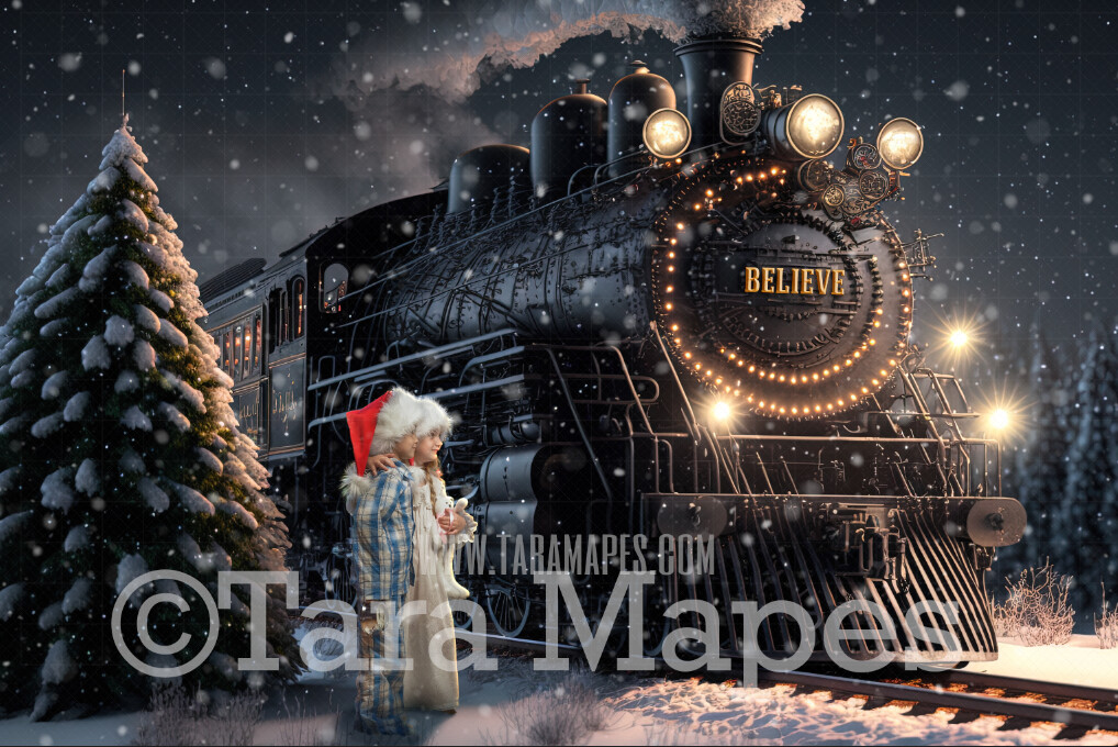 Christmas Train Digital Backdrop - Painterly Christmas Train - Holiday Express Train Christmas Train Digital Background- FREE SNOW OVERLAY included