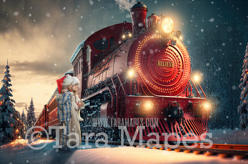 Red Christmas Train Digital Backdrop - Painterly Christmas Train - Holiday Express Train  Christmas Train Digital Background- FREE SNOW OVERLAY included