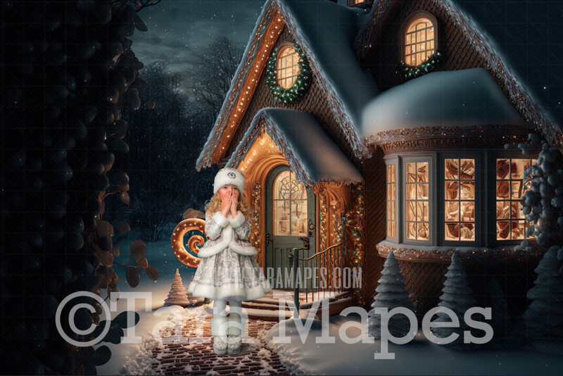 Gingerbread House Digital Backdrop -Gingerbread House Porch - House Made of Gingerbread Christmas Digital Background
