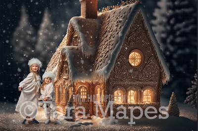 Gingerbread House Digital Backdrop -Gingerbread House Porch - House Made of Gingerbread Christmas Digital Background