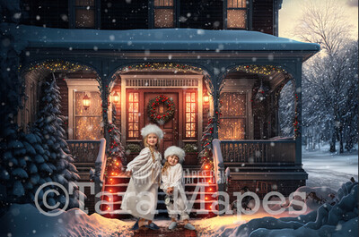 Santa&#39;s House Digital Backdrop - Christmas Porch Digital Background - Christmas House Digital Backdrop