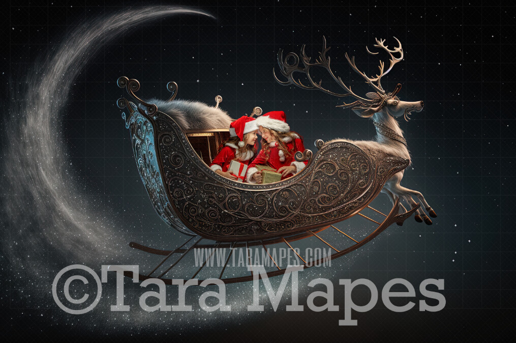Santa Sleigh Digital Background - Santa Sleigh Flying - Magical Santa Sleigh Digital Backdrop - Christmas Digital Background - LAYERED PSD!