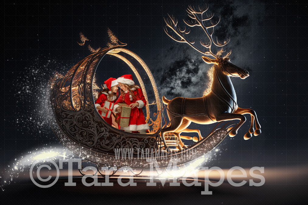 Santa Sleigh Digital Background - Santa Sleigh Flying - Magical Santa Sleigh Digital Backdrop - Christmas Digital Background - LAYERED PSD!