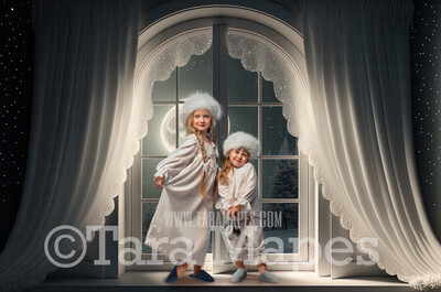 Christmas Window Digital Backdrop - Christmas Window Scene with Winter Moon - Christmas Digital Background