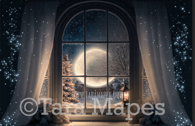 Christmas Window Digital Backdrop - Christmas Window Scene with Winter Moon - Christmas Digital Background