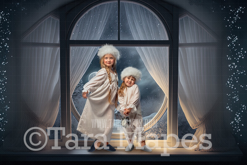 Christmas Window Digital Backdrop - Christmas Window Scene with Winter Moon - Christmas Digital Background