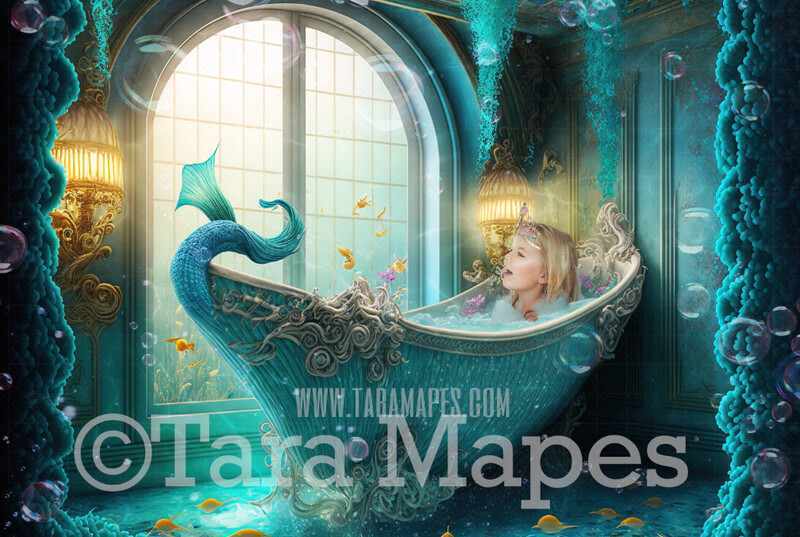 Mermaid Bath Tub Digital Backdrop - Mermaid Tub Digital Background - Mermaid Bathtub Underwater - Mermaid Digital Background