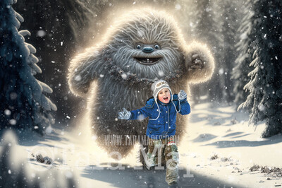 Yeti Digital Backdrop - Funny Cute Abominable Snowman Running Digital Background - FREE SNOW OVERLAY included