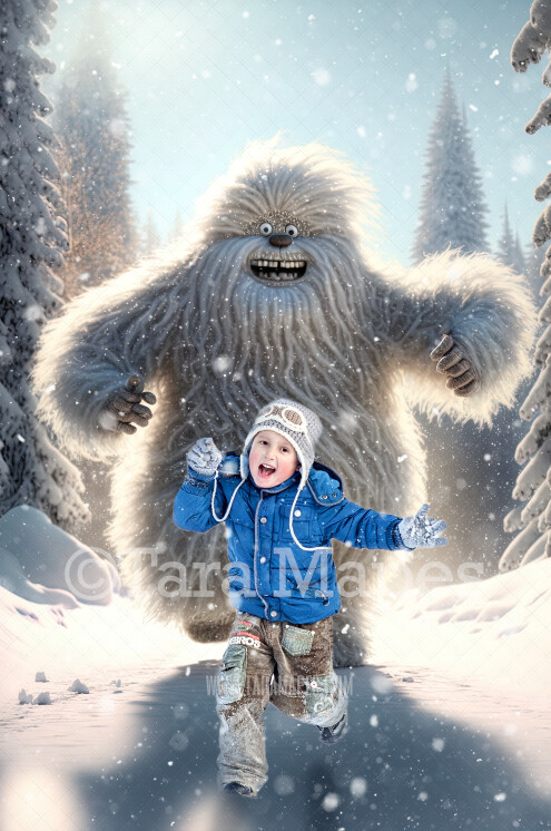 Yeti Digital Backdrop - Funny Cute Abominable Snowman Running Digital Background - FREE SNOW OVERLAY included