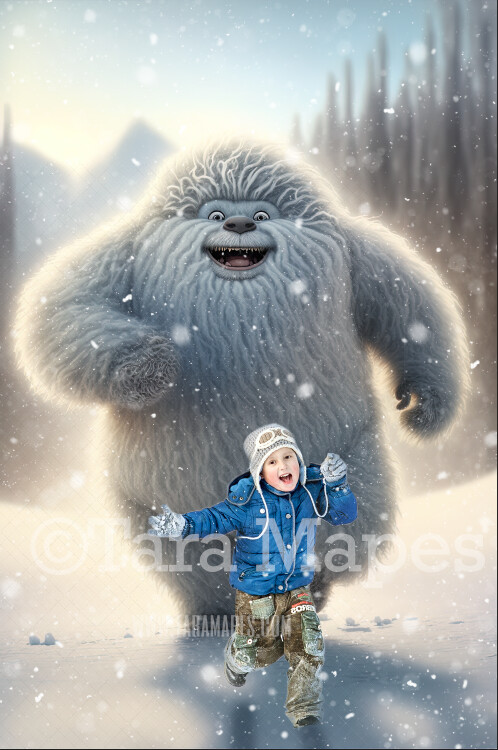 Yeti Digital Backdrop - Funny Cute Abominable Snowman Running Digital Background - FREE SNOW OVERLAY included