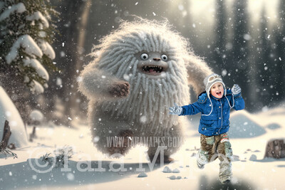 Yeti Digital Backdrop - Funny Cute Abominable Snowman Running Digital Background - FREE SNOW OVERLAY included