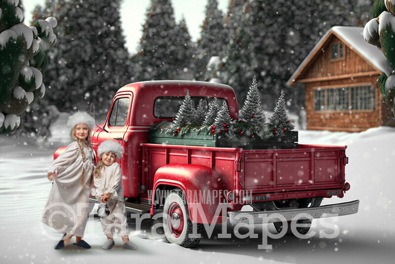 Christmas Truck Digital Backdrop - Red Christmas Truck with Trees - Digital Background - FREE SNOW OVERLAY included