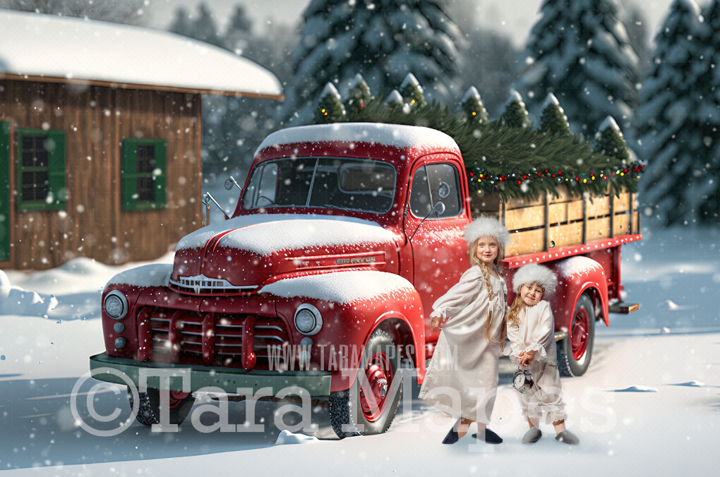 Christmas Truck Digital Backdrop - Red Christmas Truck with Trees - Digital Background - FREE SNOW OVERLAY included