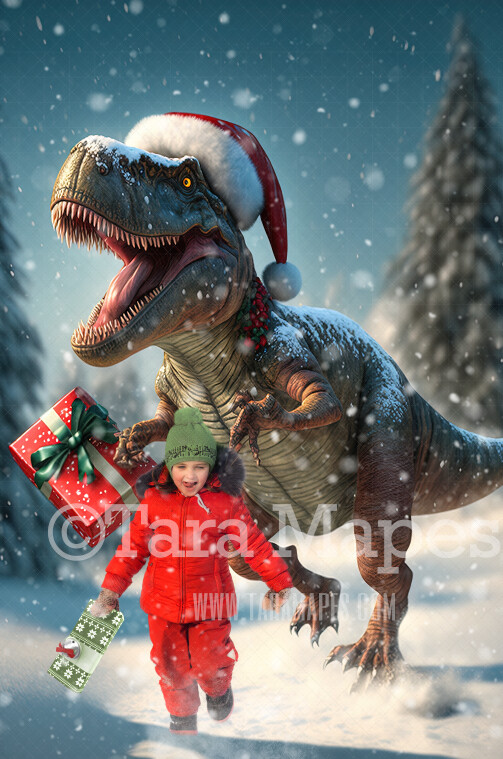 Christmas T-rex Digital Backdrop - Funny Trex Running Christmas Digital Background - FREE SNOW OVERLAY included