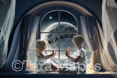 Christmas Window Digital Backdrop - Christmas Window Scene with Santa in Winter Moon - Christmas Digital Background