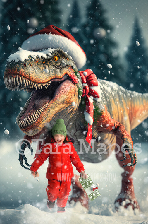 Christmas T-rex Digital Backdrop - Funny Trex Running Christmas Digital Background - FREE SNOW OVERLAY included
