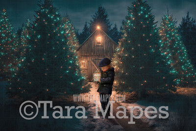 Christmas Tree Farm Digital Backdrop - Christmas Trees and Barn - Digital Background - FREE SNOW OVERLAY included