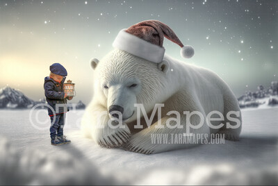 Christmas Polar Bear Digital Backdrop - Christmas Polar Bear Cub in Snow - Digital Background - FREE SNOW OVERLAY included