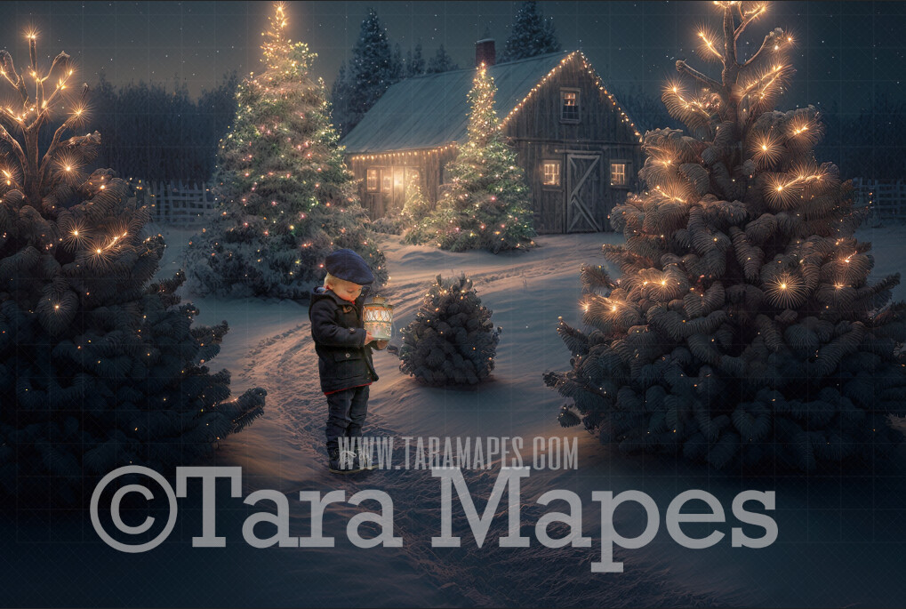 Christmas Tree Farm Digital Backdrop - Christmas Trees and Barn - Digital Background - FREE SNOW OVERLAY included