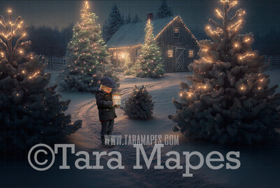 Christmas Tree Farm Digital Backdrop - Christmas Trees and Barn - Digital Background - FREE SNOW OVERLAY included