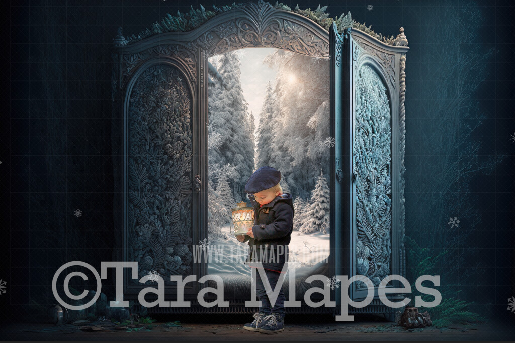Magic Wardrobe Digital Backdrop - Magical Wardrobe Leading to Winter Forest - Winter Wardrobe Digital Backdrop