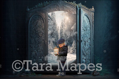 Magic Wardrobe Digital Backdrop - Magical Wardrobe Leading to Winter Forest - Winter Wardrobe Digital Backdrop