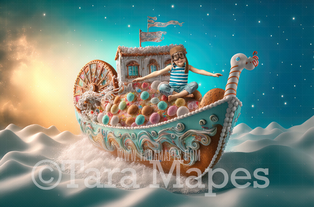 Gingerbread Boat Digital Backdrop -Gingerbread Boat in Ocean of Frosting - Boat Made of Gingerbread Christmas Digital Background