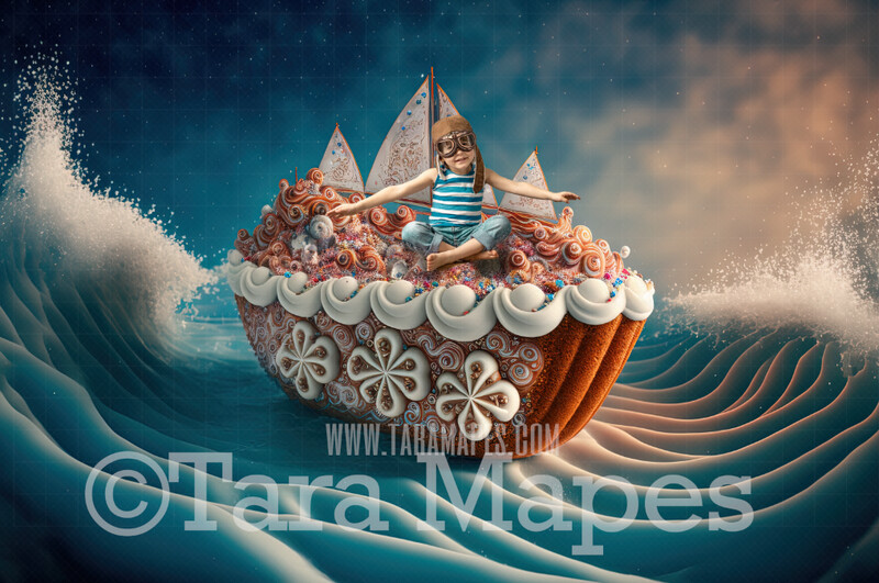 Gingerbread Boat Digital Backdrop -Gingerbread Boat in Ocean of Frosting - Boat Made of Gingerbread Christmas Digital Background