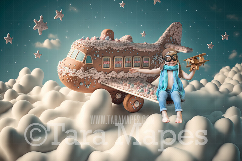 Gingerbread Plane Digital Backdrop -Gingerbread Plane in Sky of Frosting Clouds - Plane Made of Gingerbread Christmas Digital Background