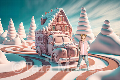 Gingerbread Car Digital Backdrop -Gingerbread Car on Road of Frosting - Car Made of Gingerbread Christmas Digital Background