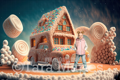 Gingerbread Car Digital Backdrop -Gingerbread Car on Road of Frosting - Car Made of Gingerbread Christmas Digital Background