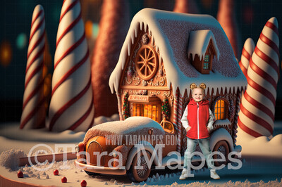 Gingerbread Car Digital Backdrop -Gingerbread Car on Road of Frosting - Car Made of Gingerbread Christmas Digital Background