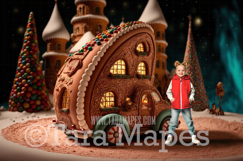 Gingerbread Car Digital Backdrop -Gingerbread Car on Road of Frosting - Car Made of Gingerbread Christmas Digital Background