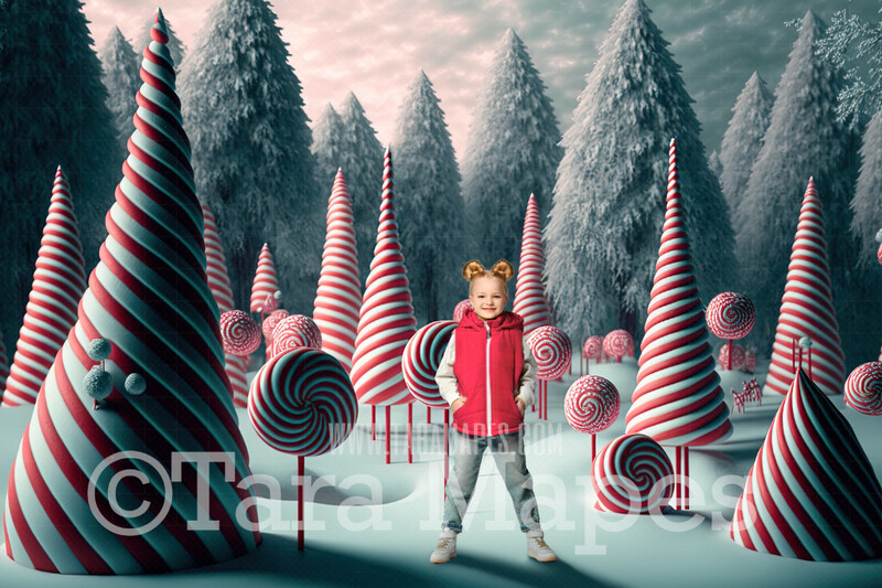 Peppermint Forest Digital Backdrop - Peppermint Candy Forest - Candy Cane Forest Christmas Digital Background