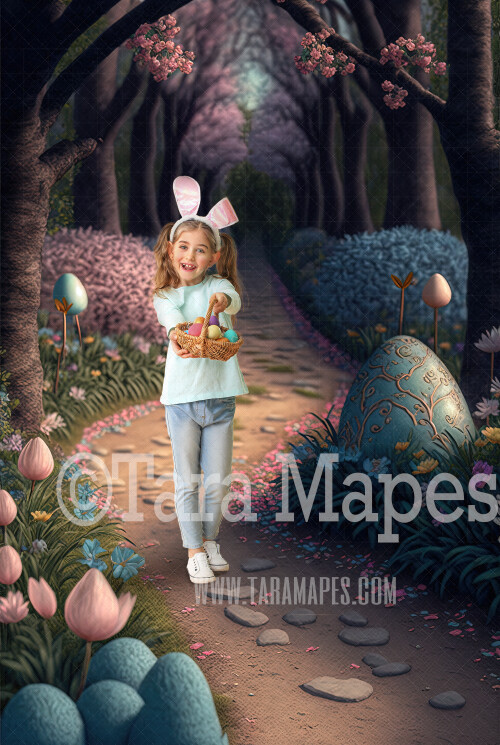 Easter Digital Backdrop - Magical Easter Path with Easter Eggs - Easter Forest Digital Background JPG