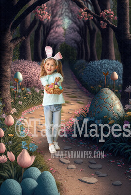 Easter Digital Backdrop - Magical Easter Path with Easter Eggs - Easter Forest Digital Background JPG