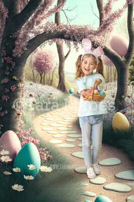 Easter Digital Backdrop - Magical Easter Path with Easter Eggs - Easter Forest Digital Background JPG